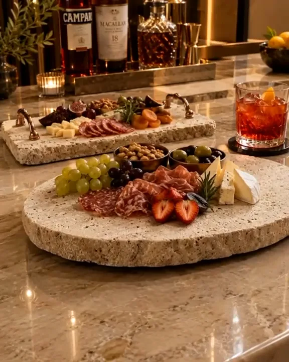 Peças em travertino natural compondo um bar residencial