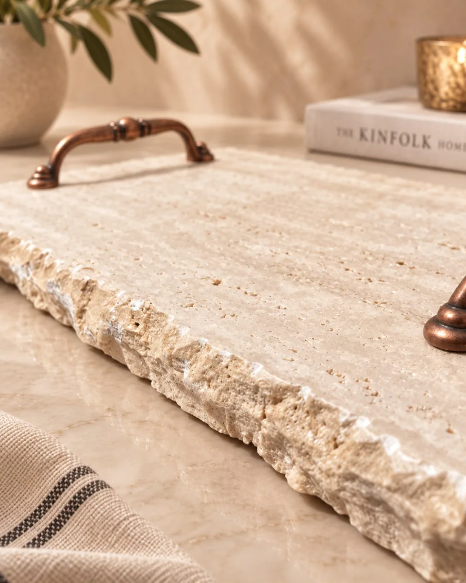 Detalhe da borda bruta e da textura natural do travertino na Bandeja Travertino Clássico