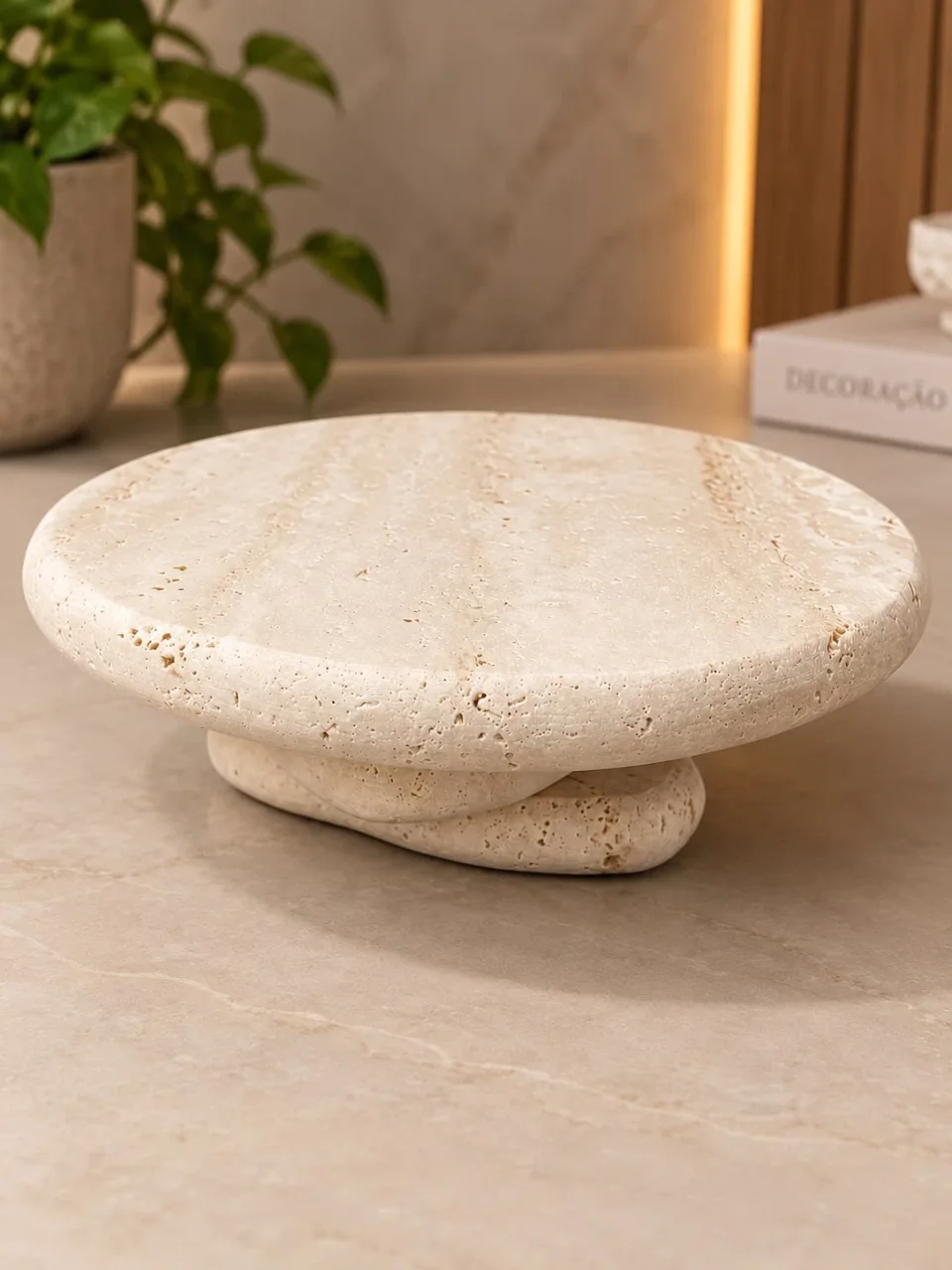 Serena em travertino natural, feita à mão, com tampo boleado sobre base orgânica de pedra